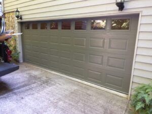 Brown garage door with windows